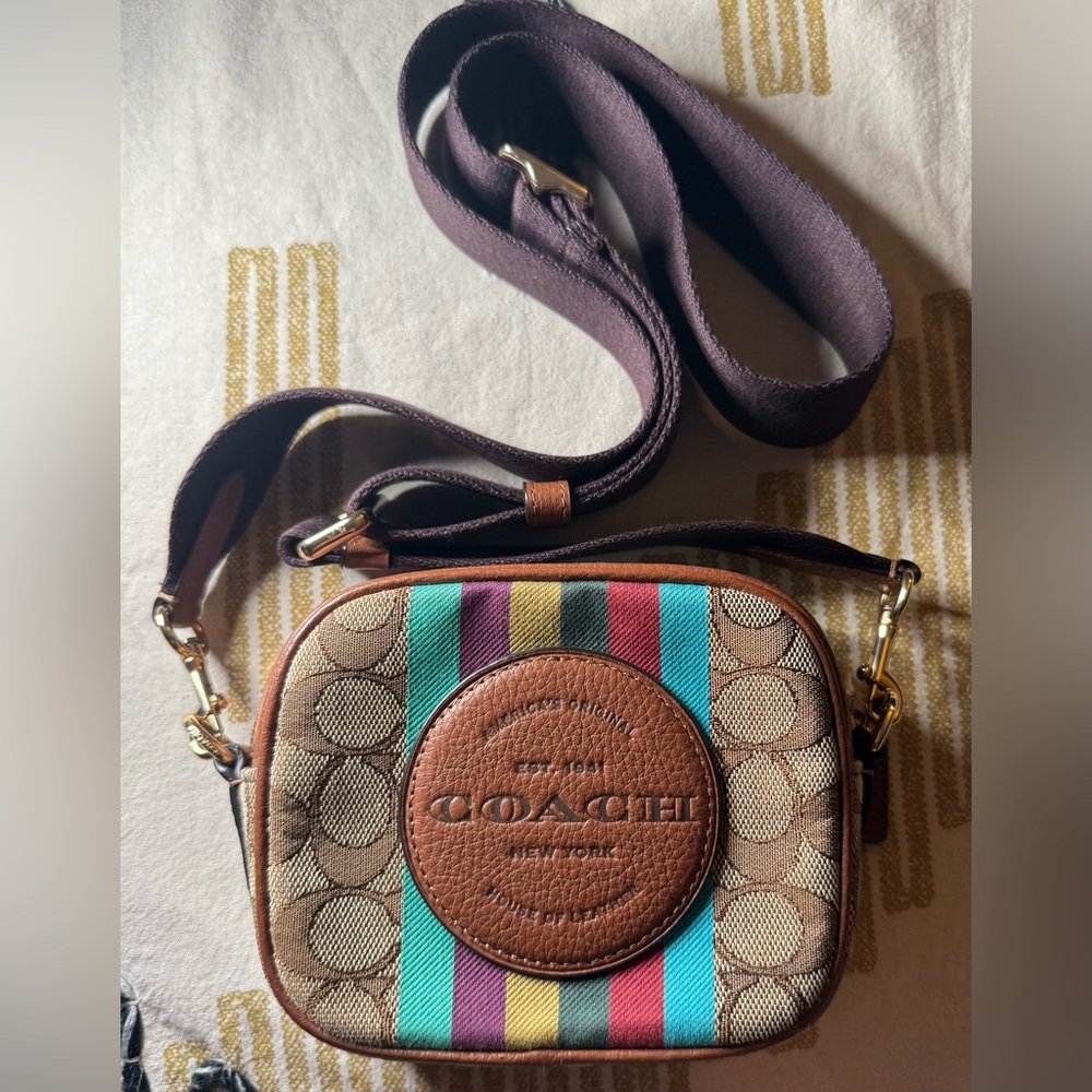 Coach Brown Mini Dempsey Camera Bag With Multicolor Stripe Detail - Picture 2 of 6